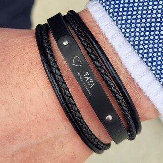 TB154 Elegancka bransoletka MĘSKA CZARNA skórzana z GRAWEREM prezent dla OJCA